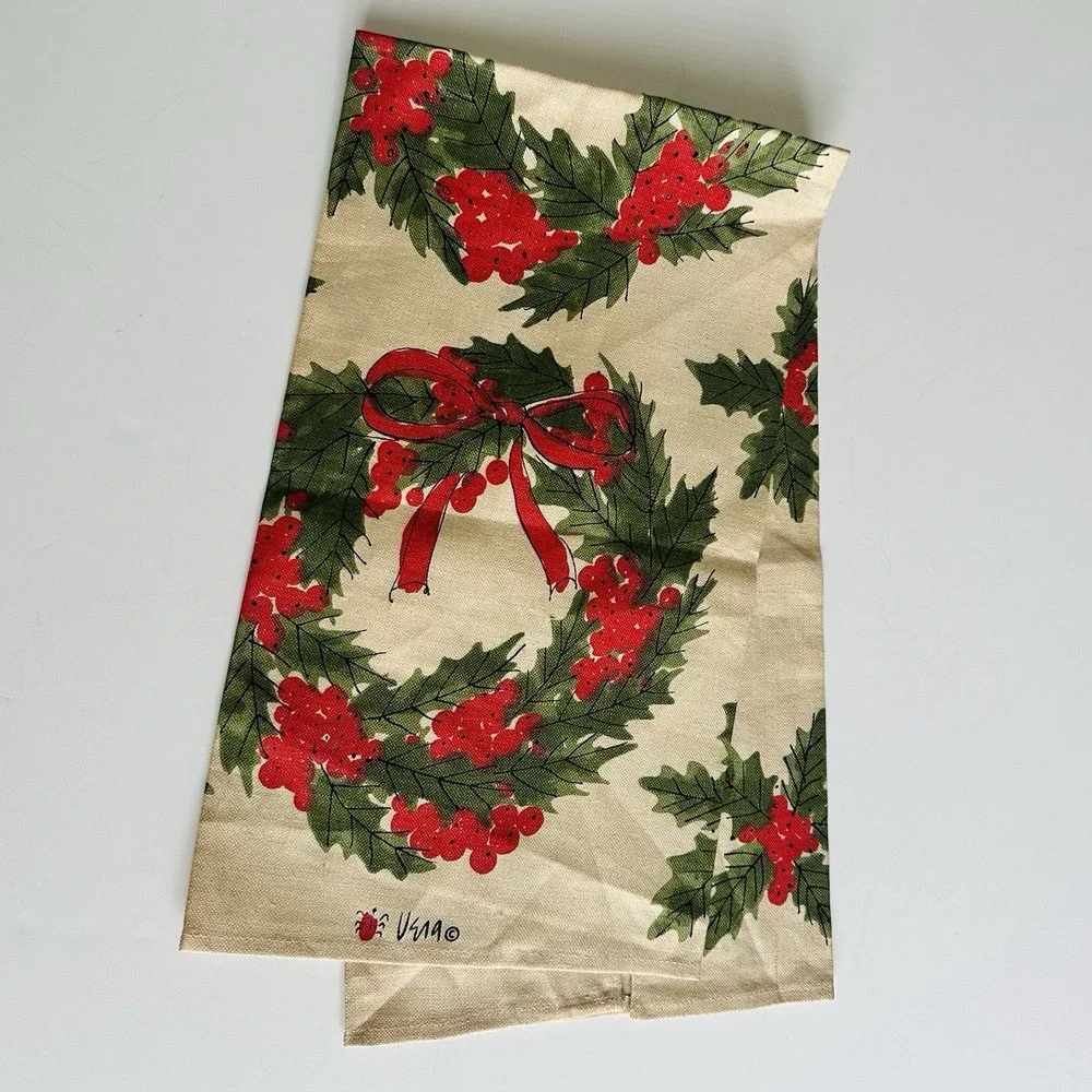 Vintage Vera Neumann Wreath Tea Towel Kitchen Christmas MCM